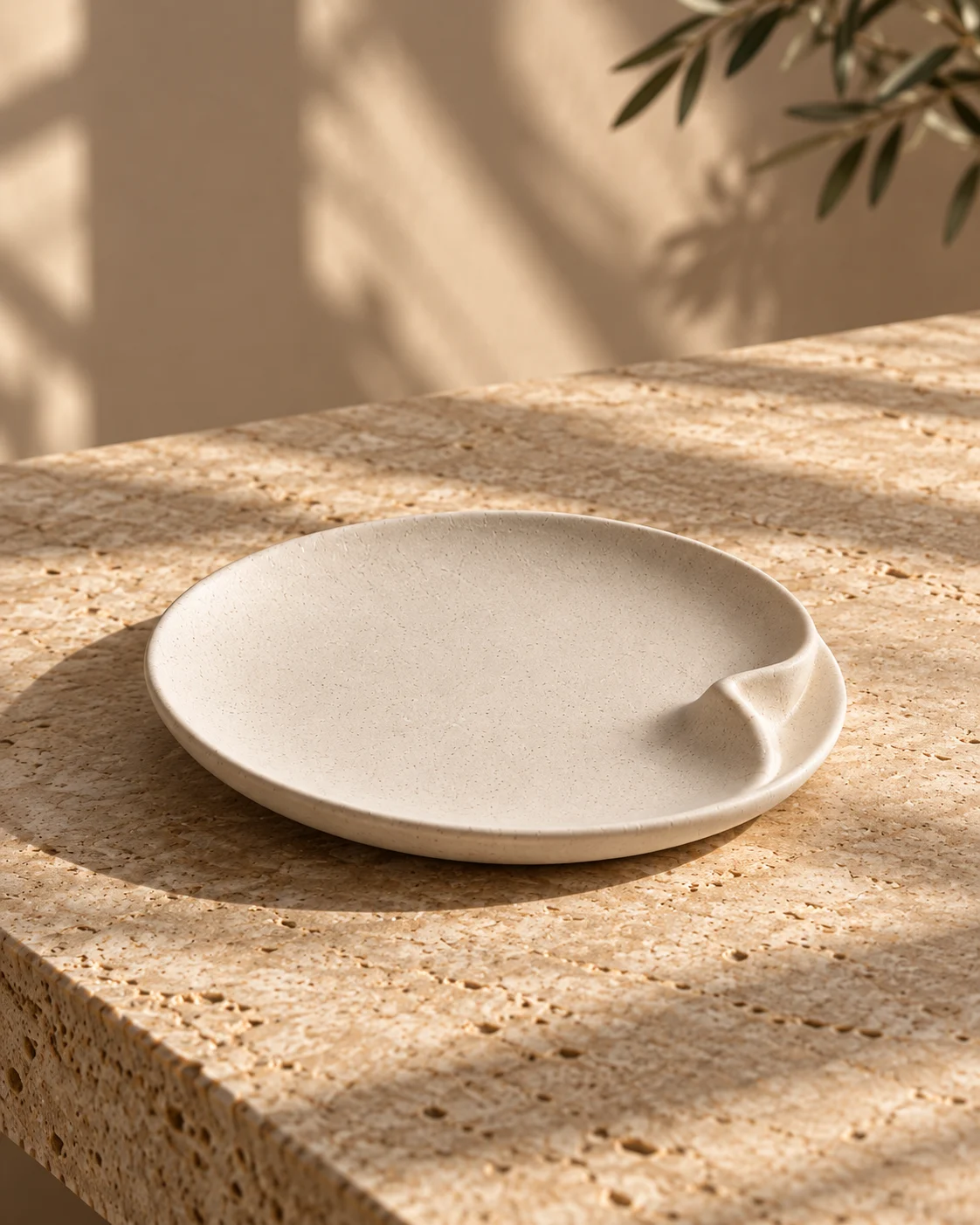 Rond beige keramisch bord met sculpturale rand
