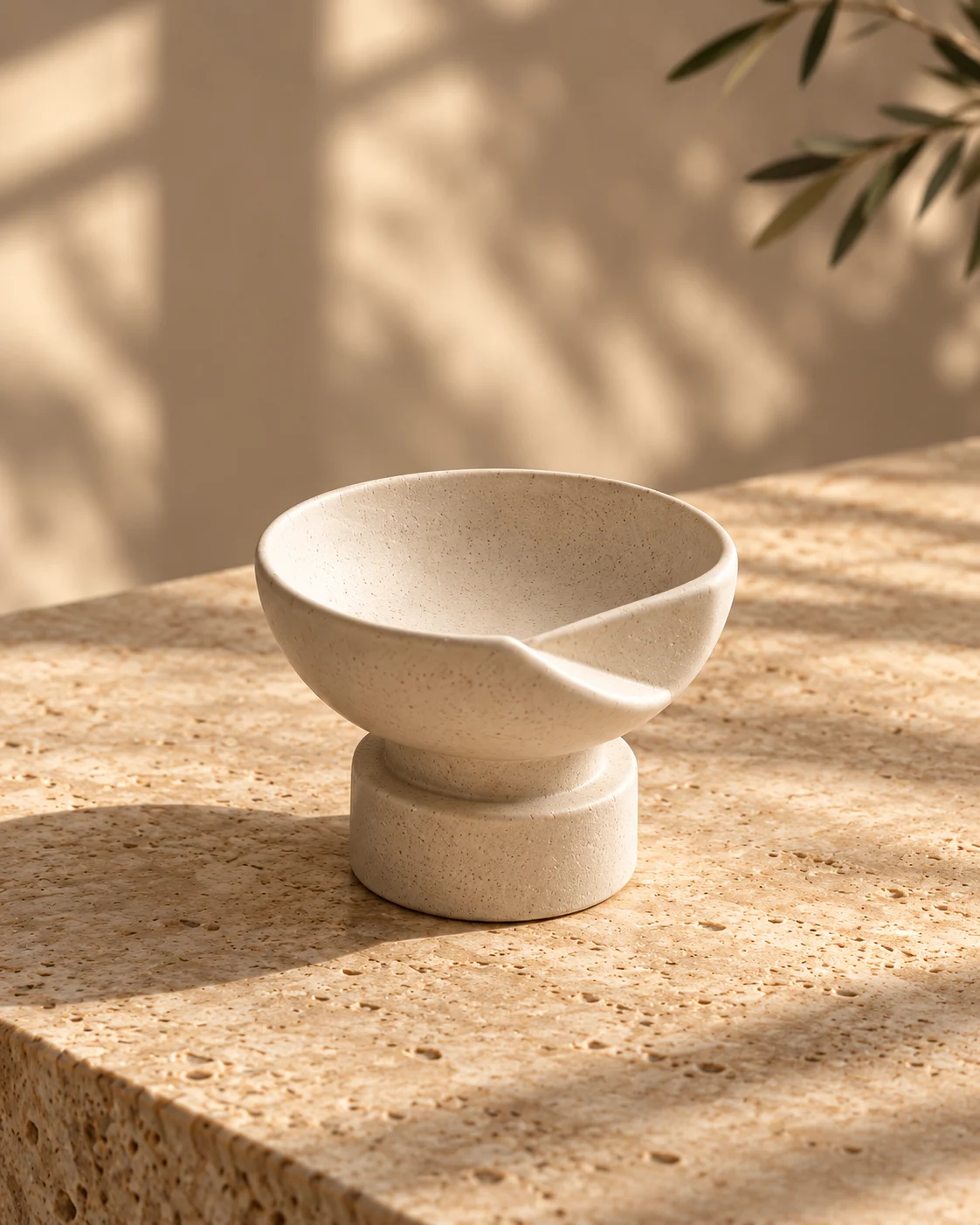 Lichtbeige sculpturale boterkom op ronde voet