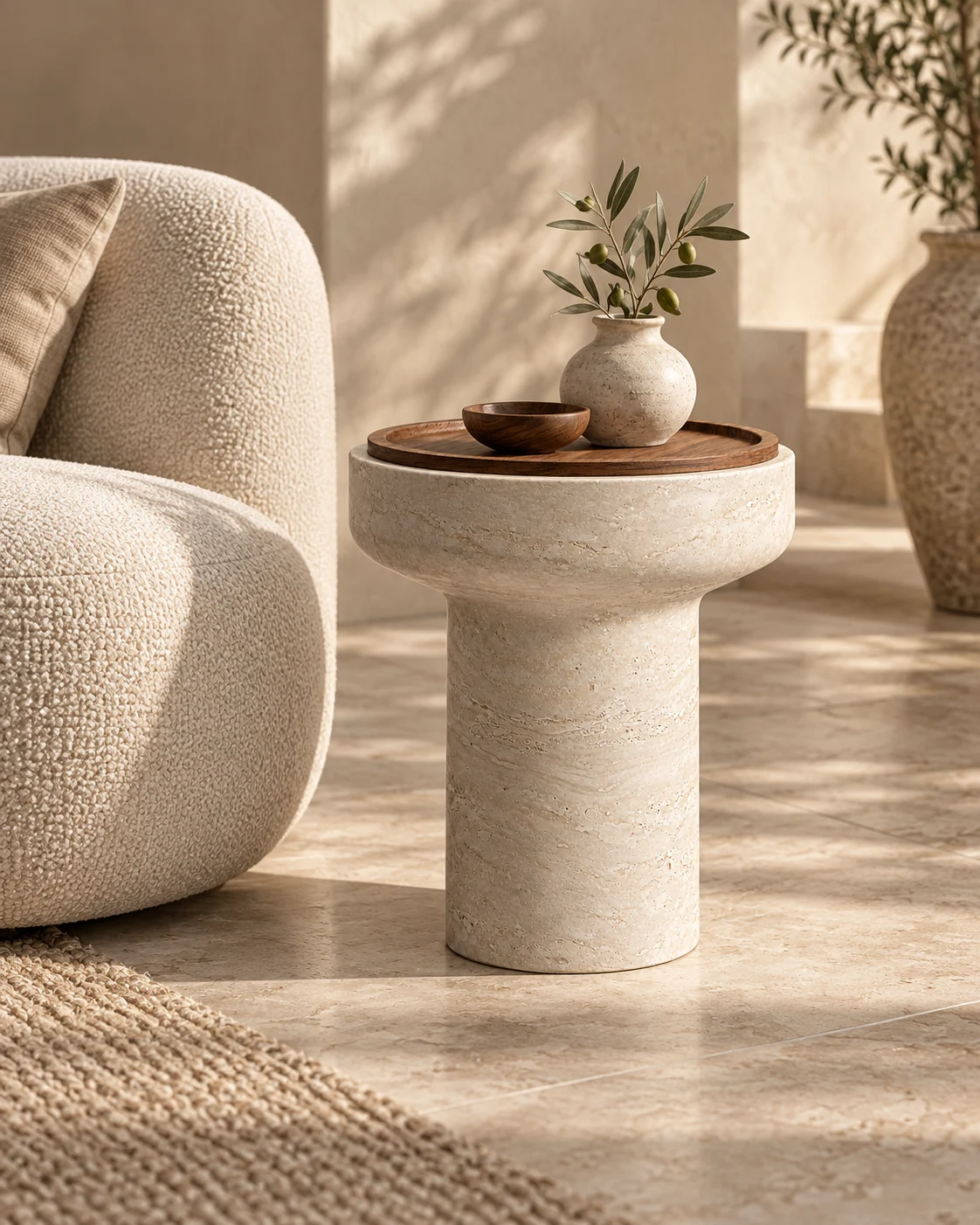 Lichte travertinen bijzettafel met rond notenhouten plateau in warm interieur