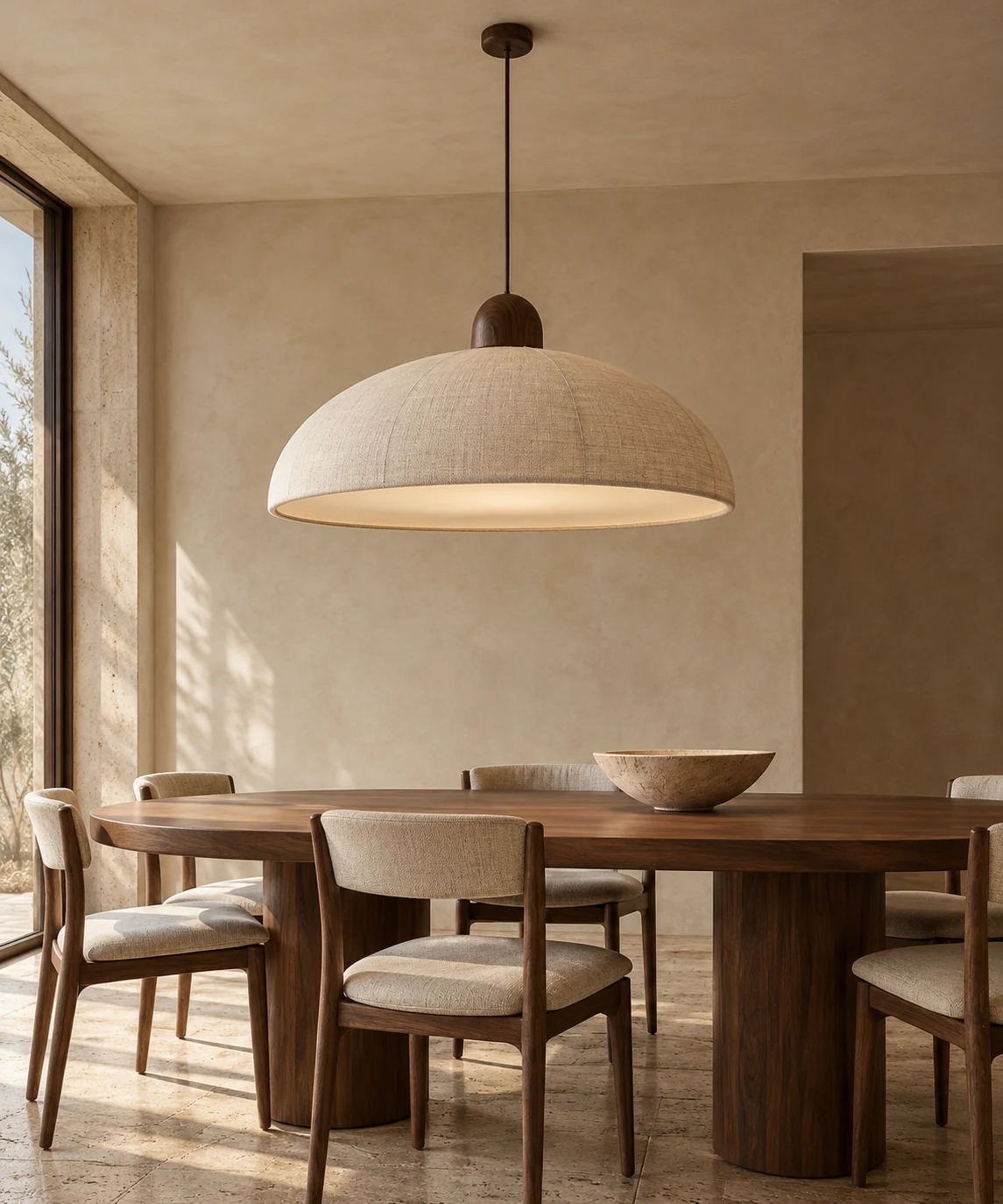 Brede linnen hanglamp met notenhouten kroon boven een eettafel