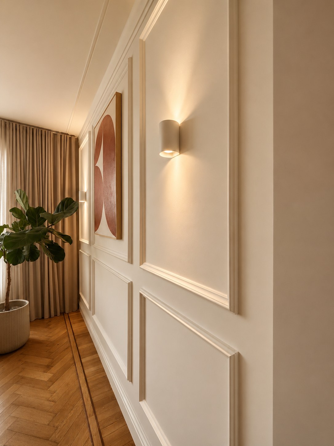Wanddetail met moulures en verlichting