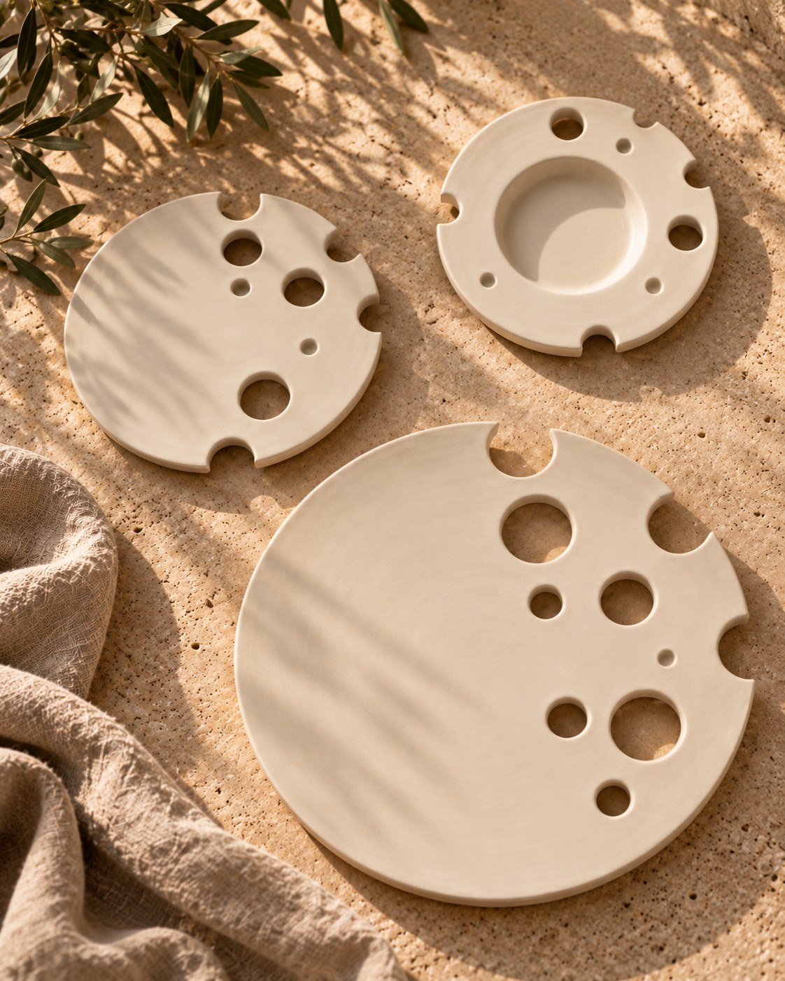 Drie exacte Studio Domo Tableware borden op travertin
